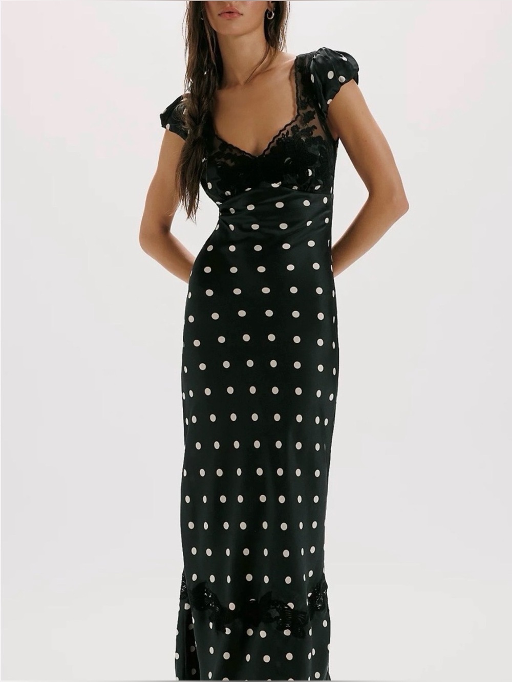Free people butterfly babe Black Polka Dot Lace-Trim Maxi Dress size S